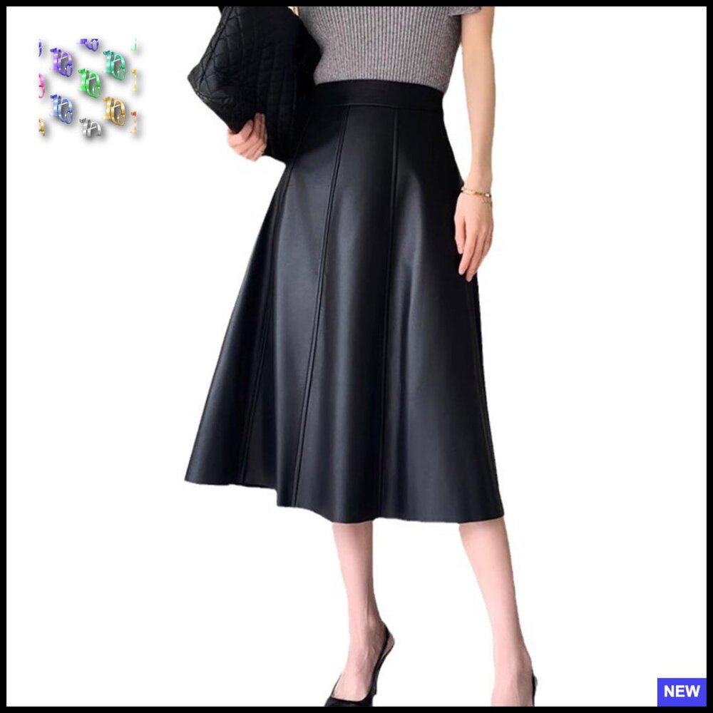 Faux Leather Midi Skirt High Waist A-Line Swing Pleated Elegant Chic